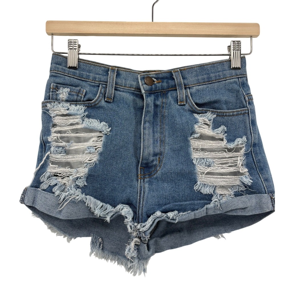 Vibrant MIU‎ Denim Shorts Womens S Blue Distressed High Waisted Raw Hem S1044